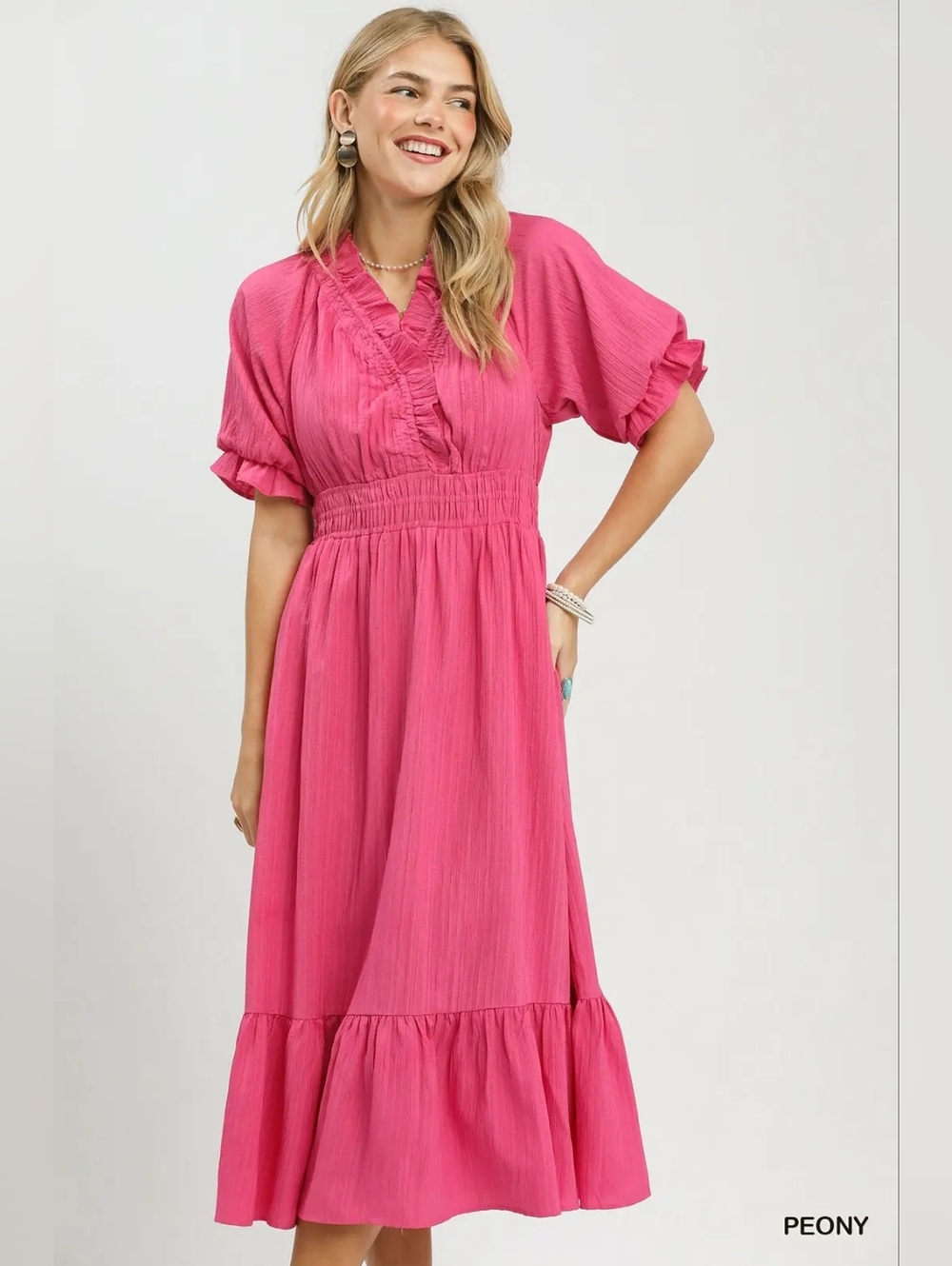 Women's Umgee V-Neck Pink Ruffled Midi Dress - Picture 3 of 7